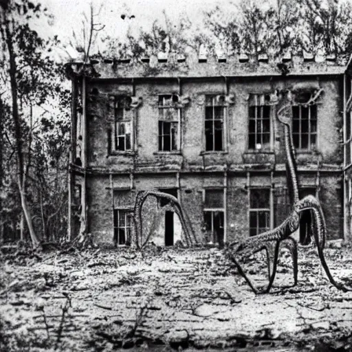 Image similar to 1860 photo of an ancient fractal 8 leg demon on an abandoned factory on the middle of a forest, spooky