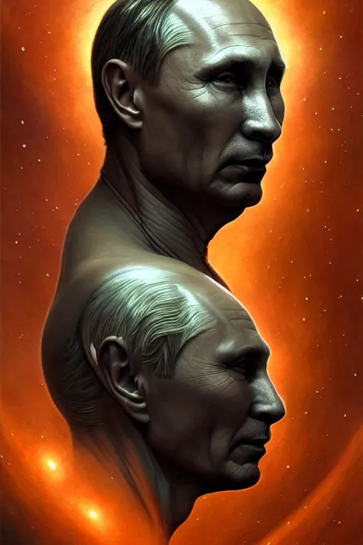 Image similar to a portrait of intergalactic vladimir putin, grim - lighting, high - contrast, intricate, elegant, highly detailed, centered, digital painting, artstation, concept art, smooth, sharp focus, illustration, artgerm, tomasz alen kopera, peter mohrbacher, donato giancola, joseph christian leyendecker, wlop, boris vallejo