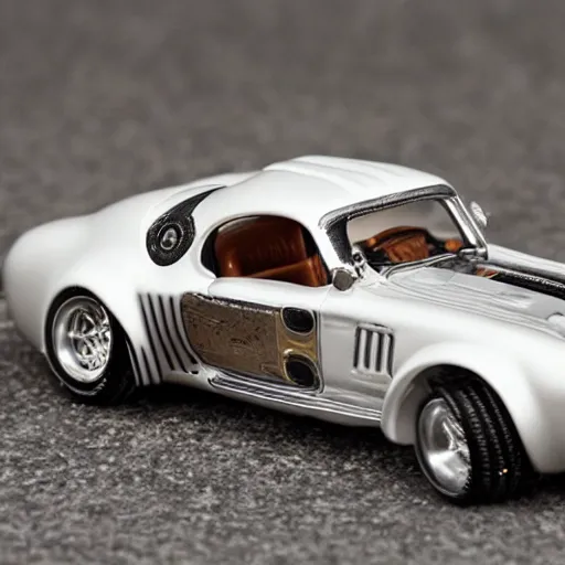 Prompt: 3 5 mm photo of metallic white steampunk shelby like hot wheels model