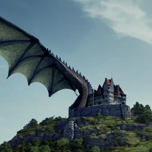 Prompt: a giant dragon flying over a castle on a hill, realistic photo, 8k, cinematic