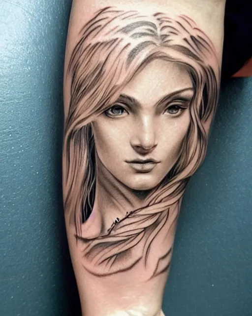 Image similar to tattoo sketch of beautiful greek goddess aphrodite, bow and arrow, beautiful piercing eyes, flowing blonde hair, realistic face, hyper realistic, in the style of greg rutkowski, fantasy, amazing detail, epic, intricate, elegant, smooth, sharp focus