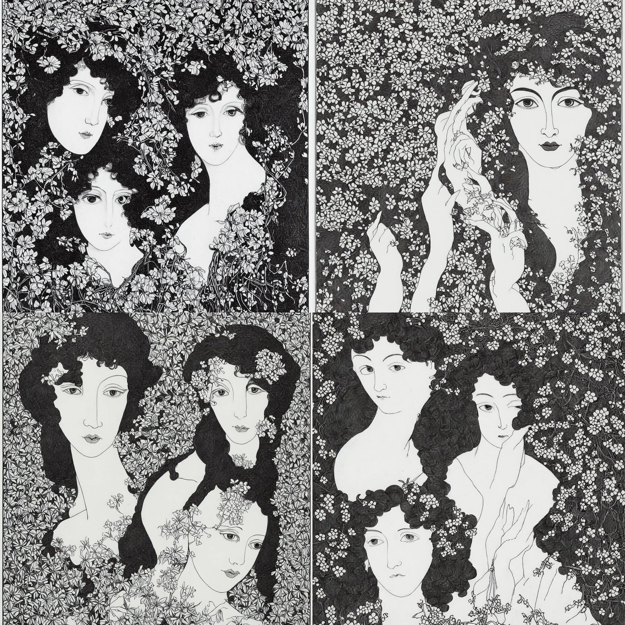 Prompt: , highly detailed, sharp focus 4k, highly detailed, sharp focus lithography by Aubrey Beardsley, Portrait of a beautiful woman with flowers in her hair