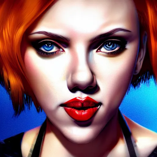 Image similar to Scarlett Johansson as Harley Quinn, digital portrait, artstation, cgsociety, 4k, high detail