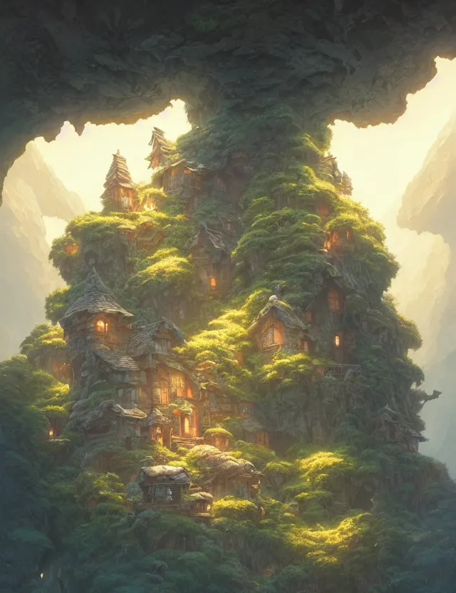 Image similar to the house in the cave, unreal engine, fantasy art by greg, loish, race, ferdinand knab, tom bagshaw, makoto shinkai and louis van baerle, rossdraws, ilya kuvshinov, night lighting, studio ghibli trends, highly detailed, 8 k, octane rendering