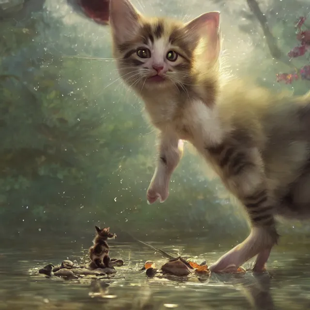 Prompt: a painting of a cute kitten at a river catching fish. disney character design by cory loftis, fenghua zhong, ryohei hase, ismail inceoglu and ruan jia. volumetric light, detailed, rendered in octane