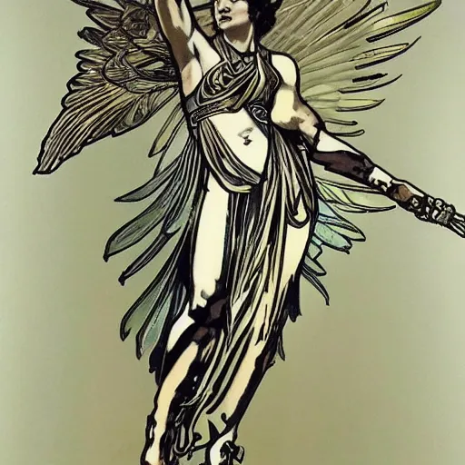 Prompt: A Nike Goddess of Victory with wings and wearing Nike leggings by Alphonse Mucha and Yoji Shinkawa in the syle of Art Noveau