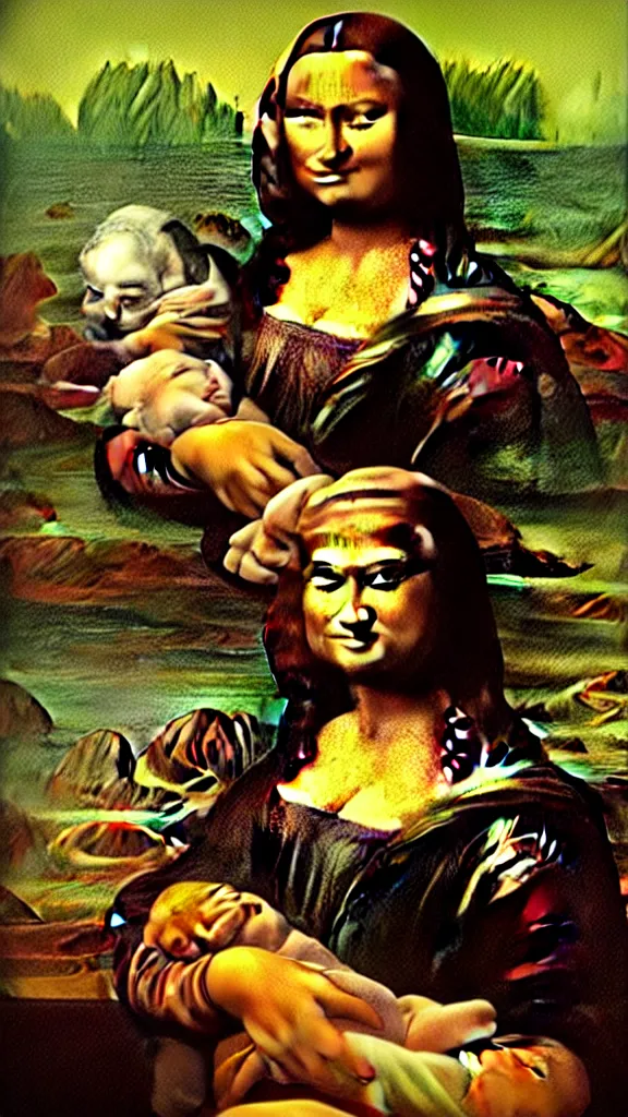 Image similar to the Mona Lisa holding Baby Yoda, painting in the style of the Mona Lisa