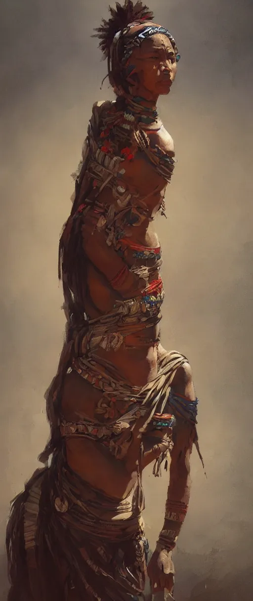 Image similar to A painting of a tribal woman trending on artstation in the style of Greg Rutkowski