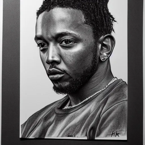 Image similar to pencil sketch of Kendrick Lamar portrait, hyperrealistic, detailed