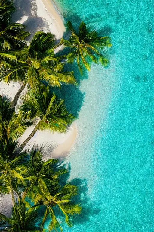 Prompt: Aerial Photo of tropical Beach, turquoise water, calm, volumetric lighting, summer, Cinematic, award winning, photo print.