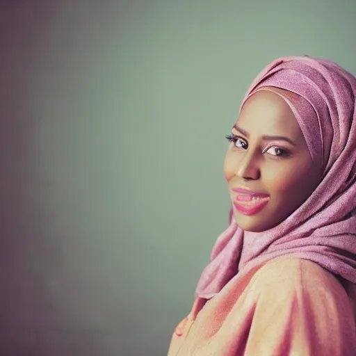 Image similar to studio photography, portrait image, somali woman, beautiful, vintage, dreamy, happy, pastel