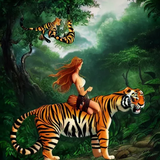 Image similar to girl riding giant tiger in the jungle, trending on artstation