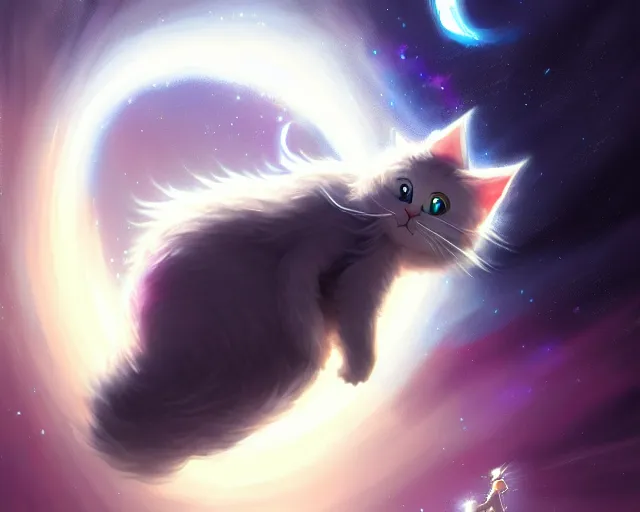 Image similar to one cartoonish kitty dressed as Gandalf floating alone in space, bright stars, anime, a fantasy digital painting by Greg Rutkowski and James Gurney, trending on Artstation, highly detailed