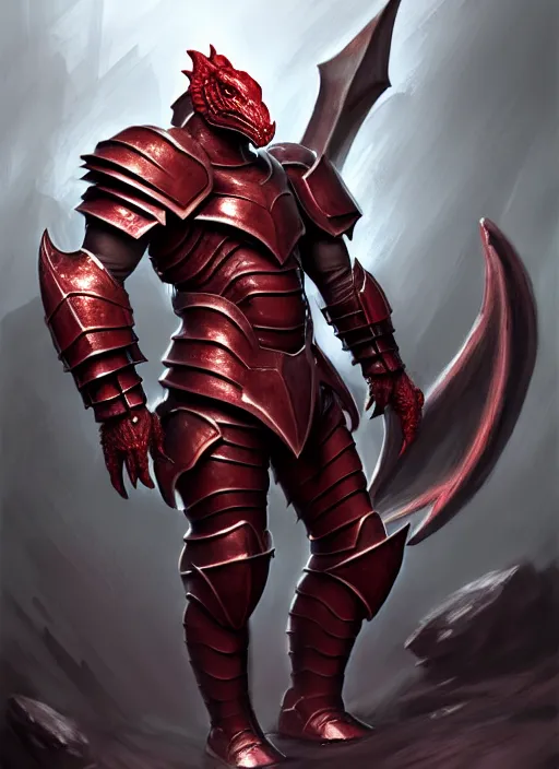 Image similar to heavy armor!!! muscular and tall crimson dnd male dragonborn!! draconian!! character concept art, sharp focus, octane render! unreal engine 5! highly rendered!! trending on artstation!! detailed linework!! illustration by artgerm, wlop, and chie yoshii