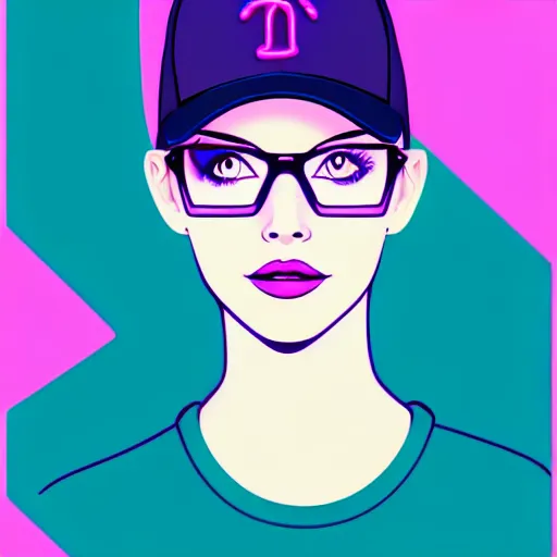 Prompt: illustration of an attractive young woman, wearing a flat brim baseball cap, dark hair, blue eyes, thick glasses, symmetrical, thinking, smirking, vector art, vaporwave, blade runner style, cyberpunk, neon lighting, teal, purple, pink