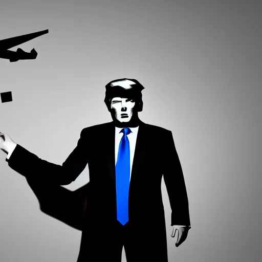 Prompt: mysterious donald trump in black suit and black hat, he has a paper aeroplane!!, mysterious, 4 k, highly detailed, digital art, strong shadows, high contrast, epic scene, atmospheric, blue colours, award winning photo