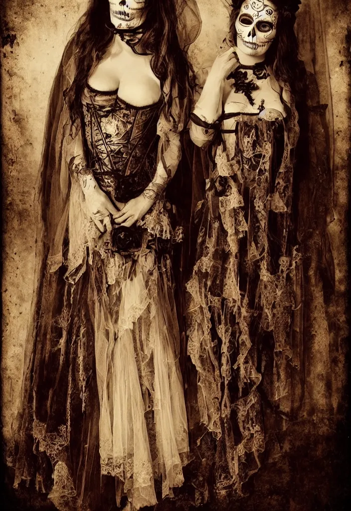 Image similar to tintype full body view, woman veiled dia de muertos dress and make up, corset garters and stockings, horrific beautiful vibe, evocative, atmospheric lighting, painted, intricate, highly detailed,