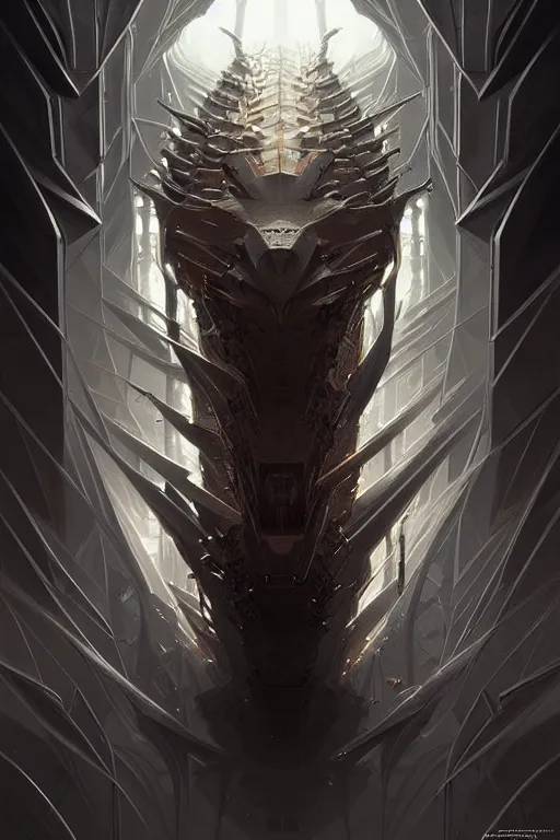 Image similar to professional concept art symmetrical portrait of a terrifying! mechanical predatory! fractal! species in a dark room by artgerm and greg rutkowski. an intricate, elegant, highly detailed digital painting, concept art, smooth, sharp focus, illustration, in the style of cam sykes.