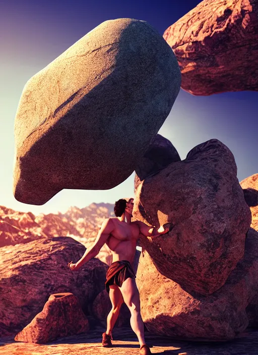 Prompt: a greek god pushing a giant rock up a massive mountain, greek mythology, cinestill, synthwave, cinematic, octane, unreal engine