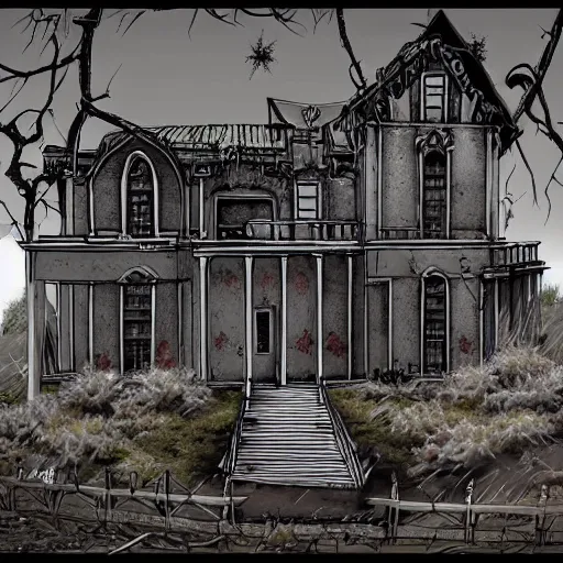 Prompt: an old abandoned mansion, death note artstyle