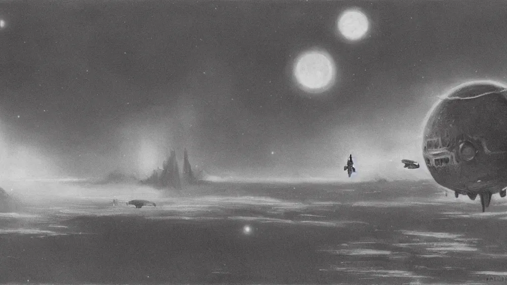 Image similar to eerie atmospheric alien planet with a small dropship pod landing by paul lehr and jack gaughan and john schoenherr, epic cinematic matte painting