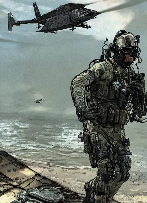 Image similar to bruce wayne. USN blackops operator emerging from water at the shoreline. Operator wearing Futuristic cyberpunk tactical wetsuit and looking at an abandoned shipyard. Frogtrooper. rb6s, MGS, and splinter cell Concept art by James Gurney, Alphonso Mucha. Vivid color scheme.