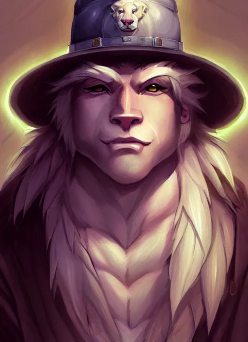 Prompt: aesthetic portrait commission of a of a male fully furry muscular anthro albino lion wearing attractive builders outfit with builders hat. Character design by charlie bowater, ross tran, artgerm, and makoto shinkai, detailed, inked, western comic book art, award winning film poster painting