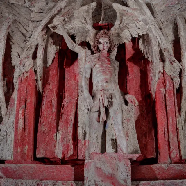 Image similar to temple made of flesh, blood temple, angel statue, 8 0's horror movie film still, award - winning photography, 1 2 0 mm