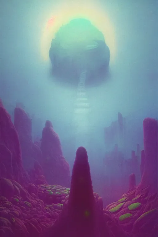 Image similar to 🌸🌈🍄::3, dreamlike, psychedelic, otherworldly, weird, cyberpunk, vaporware, interesting details, volumetric lighting, dramatic, fantasy, by Moebius, by zdzisław beksiński, Fantasy LUT, epic composition, 8k,