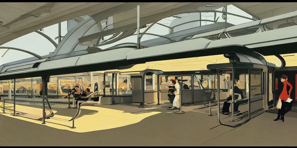 Prompt: retrofuturistic train station by syd mead and ron cobb