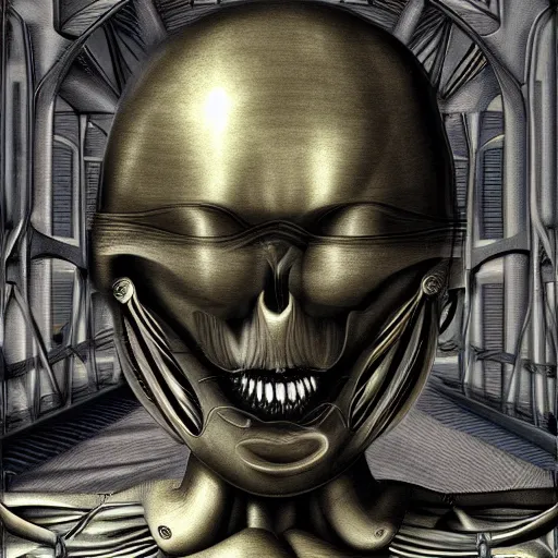 Image similar to metallic bridge eating a person, h. r. giger digital painting