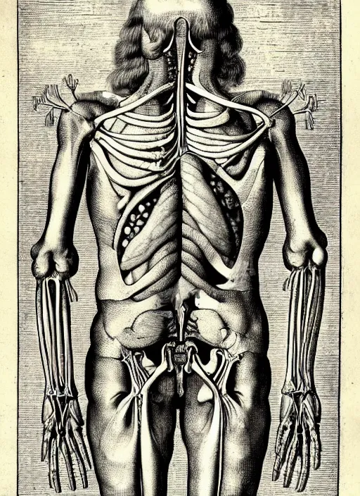 Prompt: anatomy textbook scientific anatomical illustration, made by Wenceslas Hollar in vintage Victorian England colourised print style