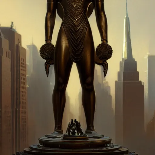 Image similar to a bronze statue stands as the centerpiece of futuristic art deco new york city, fantasy, intricate, elegant, digital painting, trending on artstation, concept art, sharp focus, illustration by greg rutkowski, Gaston Bussiere and artgerm, 4k.