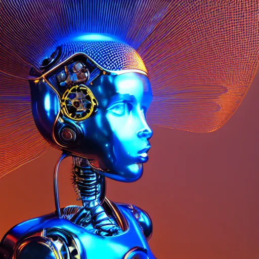 Prompt: portrait photo of a golden and blue glossy metallic futuristic steampunk robot head with mulitcolored gears and tubes and cables, crisp, fluorescent colors, insanely detailed, 3 d render, unreal engine