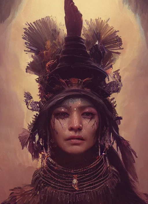 Image similar to A fancy portrait of a Mayan witch by Greg Rutkowski, Sung Choi, Mitchell Mohrhauser, Maciej Kuciara, Johnson Ting, Maxim Verehin, Peter Konig, Bloodborne, 8k photorealistic, cinematic lighting, HD, high details, dramatic, atmospheric , trending on artstation