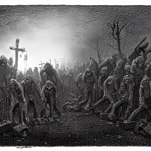 Prompt: zombies among 9 steel barrels in a graveyard, creepy atmosphere, dark, realistic, illustration by gustave dore