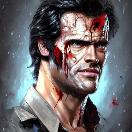 Image similar to portrait of the man from Evil Dead movie Ash Williams, \'Groovy\' fantasy, intricate, elegant, highly detailed, digital painting, artstation, concept art, smooth, sharp focus, illustration, art by artgerm and greg rutkowski and alphonse mucha