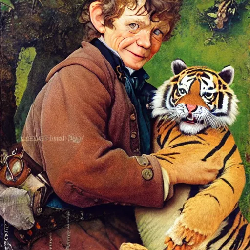 Image similar to bilbo baggins snuggles a tiger, realistic oil painting, style of norman rockwell, 8 k, super sharp, ultra detail, rule of thirds.