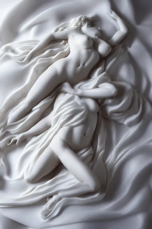 Image similar to Photo of a Marble Sculpture of Aphrodite lying on a silk cloth, fog, volumetric lighting, highly detailed, award winning, trending on artstation.