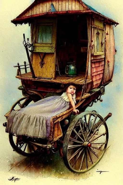 Image similar to (((((1950s fairy tale gypsy wagon . muted colors.))))) by Jean-Baptiste Monge !!!!!!!!!!!!!!!!!!!!!!!!!!!