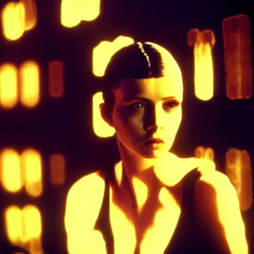 Image similar to film still, 6 5 mm, a masterpiece portrait photo of a girl, biotech, cyberpunk, blade runner, cyborg, grainy, withered, worn, glowing lights