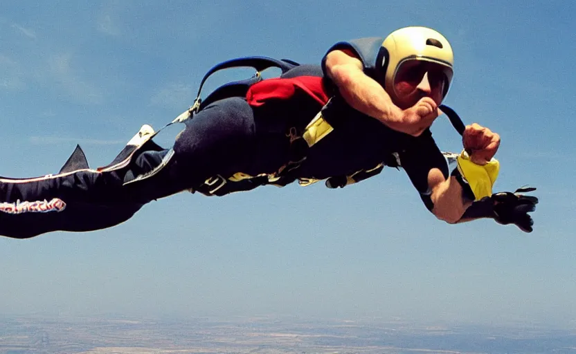 Image similar to close up on a skydiver flexing muscles. plane in the background 8 0'sstyle