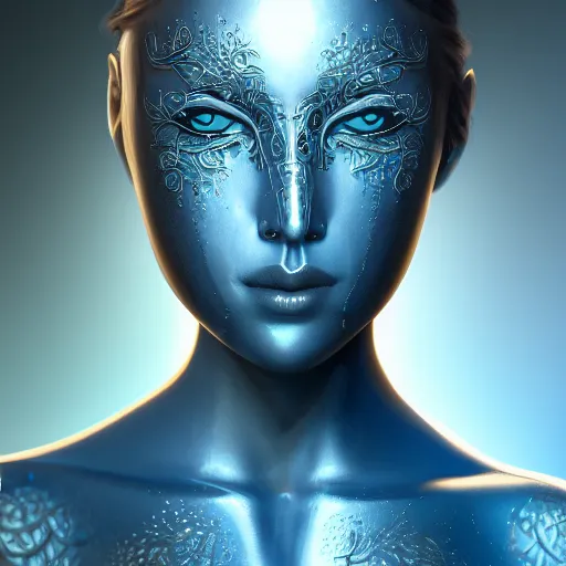 Image similar to female android, face masked with filigree, elegant, intricate, highly detailed, filigree, steel, phthalo blue, trending on artstation, smooth, digital painting, sharp focus