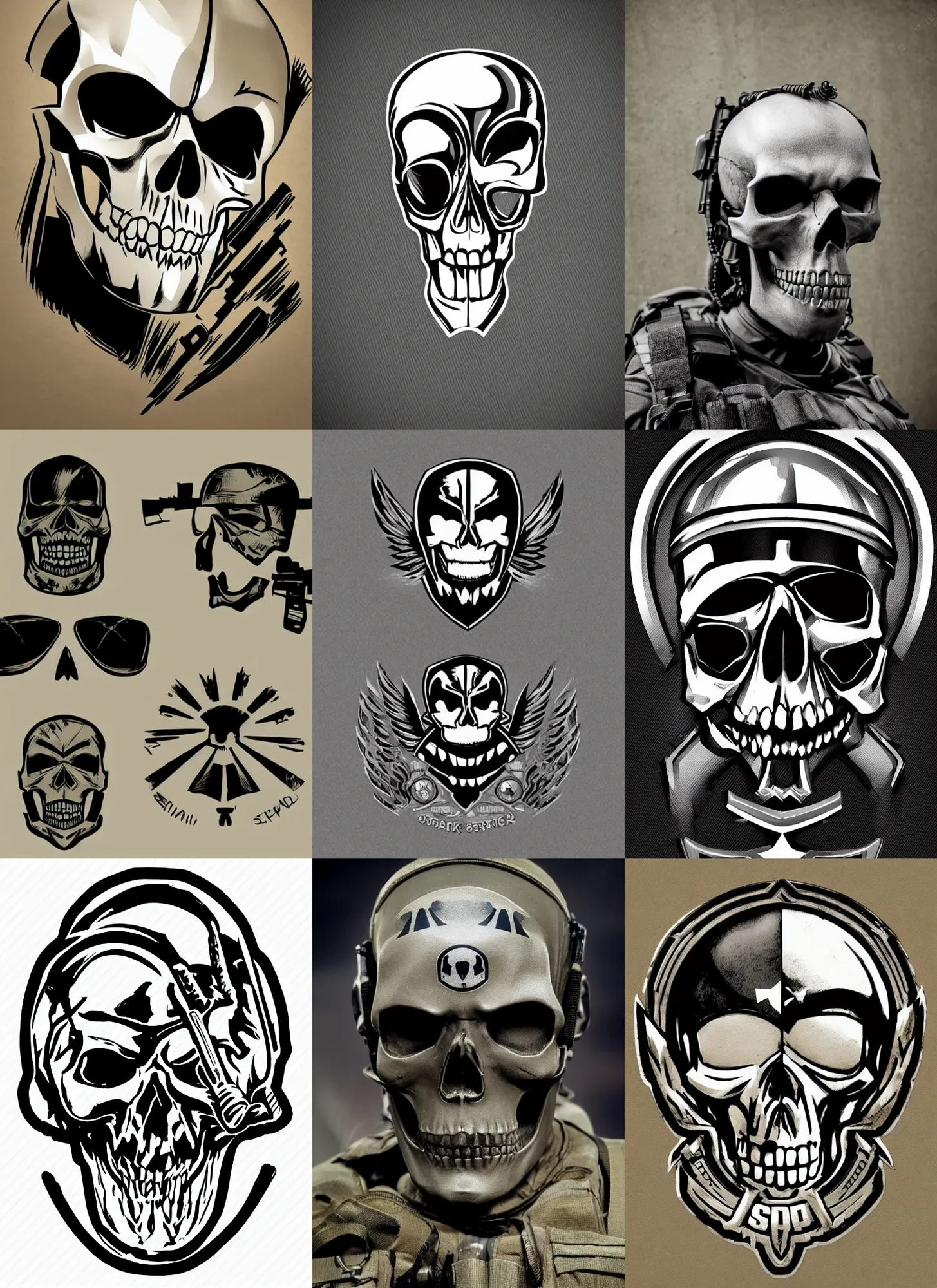 Prompt: spec - ops head, skull logo on forehead, special forces, dark design