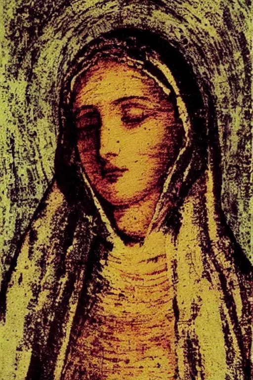 Image similar to virgin mary of lourdes painted by cy twombly and andy warhol