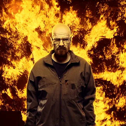 Image similar to a photo of walter white standing in front of a building on fire, highly detailed, 4 k