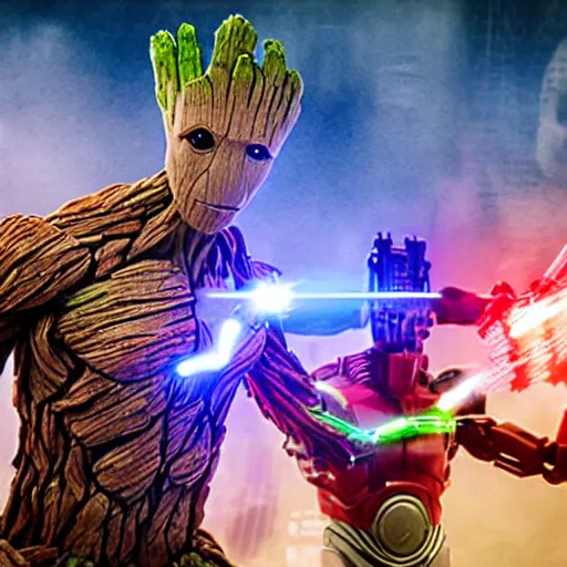 Image similar to groot and optimus prime in techno party among people dancing, wide shoot, after effect ultra realistic 3 d