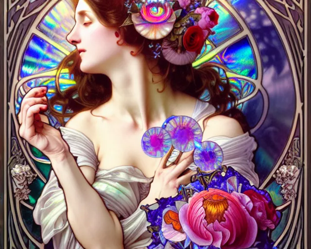 Image similar to overlord, rococo and art nouveau fusion, iridescent diaphanous refractive and reflective flower bouquet, tarot card, highly detailed, deep focus, elegant, digital painting, smooth, sharp focus, illustration, ultra realistic, 8 k, art by artgerm and alphonse mucha