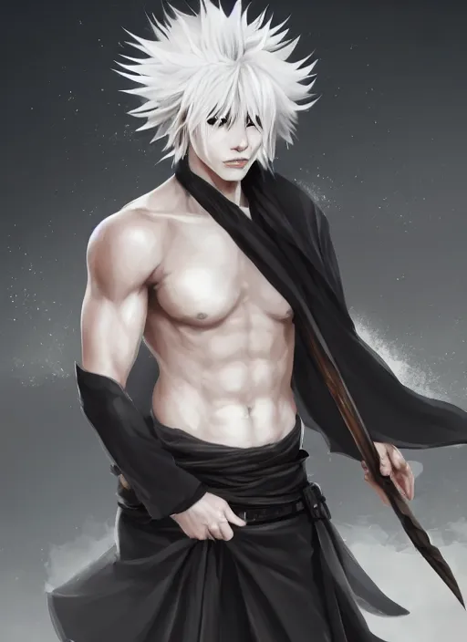 Prompt: a highly detailed illustration of fierce short white!!! haired young japanese man wearing hakama, black! sclera! eyes, dramatic serious pose, muscular, intricate, elegant, highly detailed, centered, digital painting, artstation, concept art, smooth, sharp focus, league of legends concept art, wlop