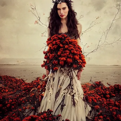 Image similar to full body fine art photo of the beauty gal gadot, she has a crown of dried flowers and is wearing a fashion conceptaul dress made of dried roses, taken by oleg oprisco